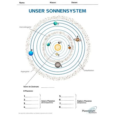 Link zum Download des Arbeitsblatts „Unser Sonnensystem“ – Das Bild zeigt das Arbeitsblatt „Unser Sonnensystem“.