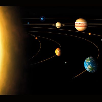 Link zur Beschreibung der Live-Veranstaltung für Schulklassen „Der Himmel über uns – alles bewegt sich“ - Das Bild zeigt eine künstlerische Darstellung unseres Sonnensystems.