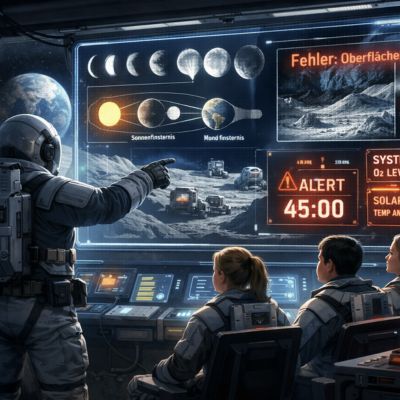 Link zur Beschreibung des Schülerworkshops „Abenteuer Mond – Rettet die Raumstation!“ - Das Bild zeigt eine KI-generierte Grafik zum Escape-Game: Auf einer Forschungsstation auf dem Mond werden mehrere Fehlfunktionen im Zusammenhang mit den Mondphasen, Finsternissen und der Krateroberfläche gemeldet. In 45 Minuten geht der Crew der Sauerstoff aus.