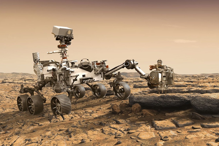 Das Bild zeigt eine künstlerische Darstellung eines Mars-Rovers auf der Mars-Oberfläche.