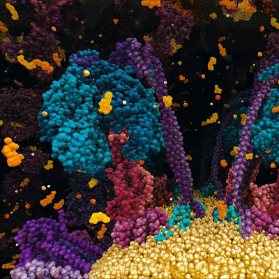 Link zum Programm „Chemie des Lebens - Das Unsichtbare in uns“ für Erwachsene und Kinder empfohlen ab 10 Jahre – Das Bild zeigt eine Visualisierung von Zellstrukturen. Diese sind als bunte Kügelchen dargestellt, die sich zu unregelmäßigen Klumpen und Strängen angeordnet haben.