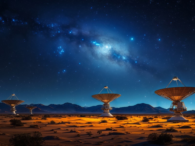 Link zur Beschreibung des astronomischen Programms „Das unsichtbare Universum“ für Erwachsene und Kinder ab 10 Jahre – Das Bild zeigt Radioteleskope in einer Wüstenlandschaft, die den nächtlichen Sternhimmel beobachten (künstlerische Darstellung).