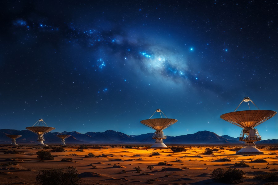 Die Antennen von fünf Radioteleskopen, die in einer Wüstenlandschaft stehen, sind in den nächtlichen Sternhimmel gerichtet und beobachten die Milchstraße (künstlerische Darstellung).