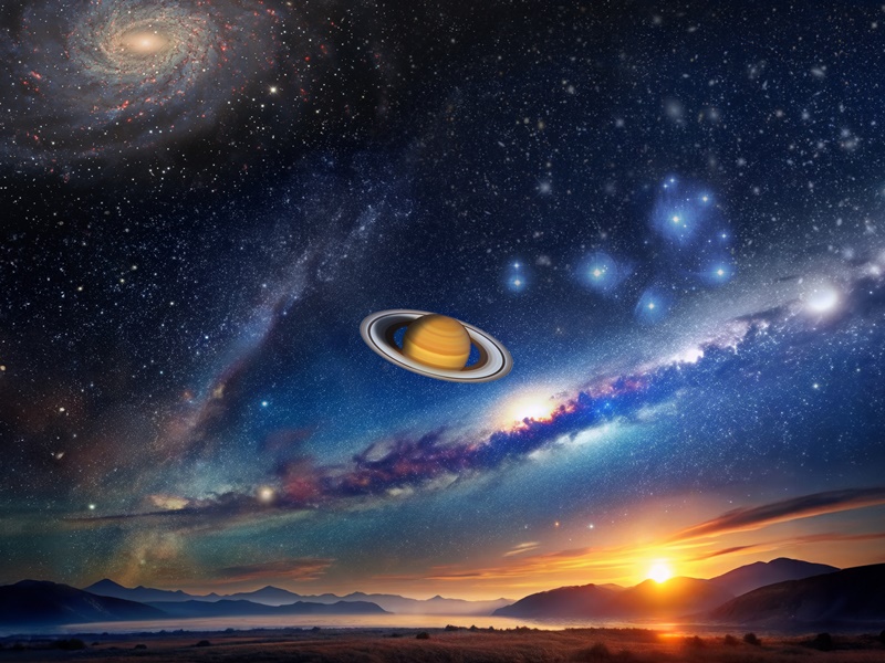 Link zu einer Übersicht über alle astronomischen Programme für Erwachsene und Kinder empfohlen ab 10 Jahre - Die künstlerische Darstellung zeigt eine Landschaft auf der Erde mit Sonnenuntergang und fiktivem Sternhimmel.