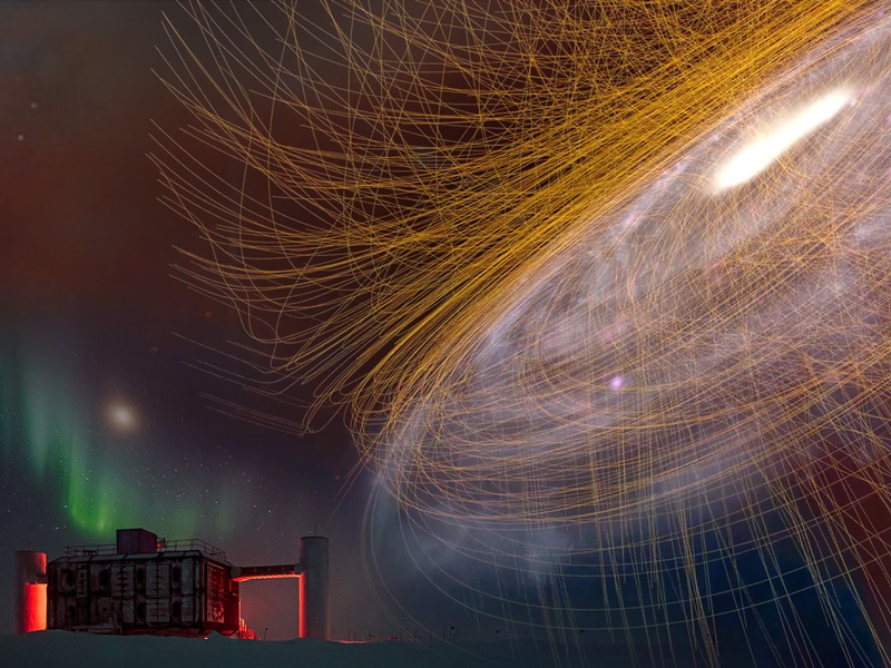 Link zur Übersicht über die astronomischen Programme für Erwachsene und Kinder ab ca. 10 Jahre - Die künstlerische Darstellung zeigt das Neutrino-Observatorium IceCube und eine Galaxie. Darüber gezeichnete Linien zeigen den Verlauf von Magnetfeldern.