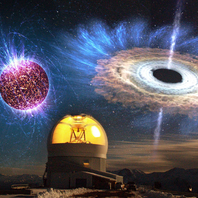 Link zum astronomischen Programm „Signale aus Raum und Zeit“ für Erwachsene und Kinder ab 10 Jahre – Das Bild zeigt das SOAR-Teleskop mit überlagerten künstlerischen Darstellungen eines Neutronensterns oben links und eines Schwarzen Lochs oben rechts.