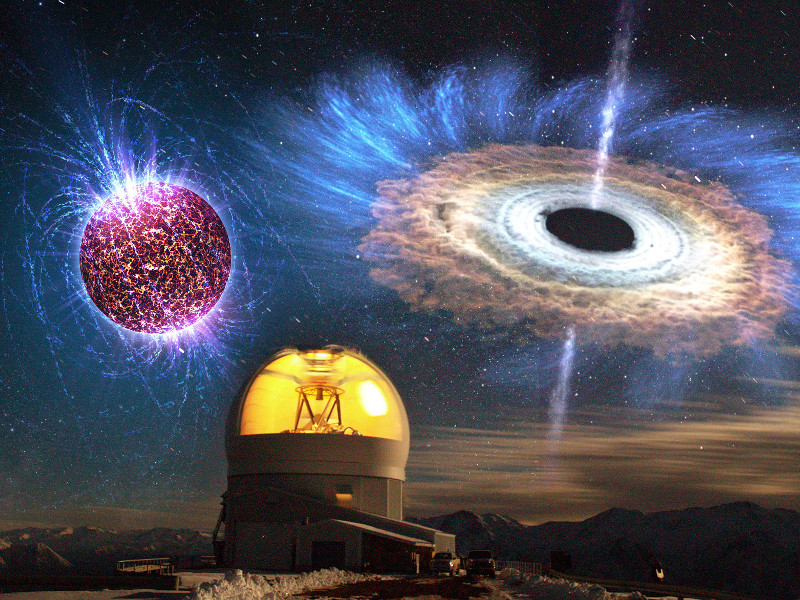 Link zum astronomischen Programm „Signale aus Raum und Zeit“ für Erwachsene und Kinder ab 10 Jahre – Das Bild zeigt das SOAR-Teleskop mit überlagerten künstlerischen Darstellungen eines Neutronensterns oben links und eines Schwarzen Lochs oben rechts.