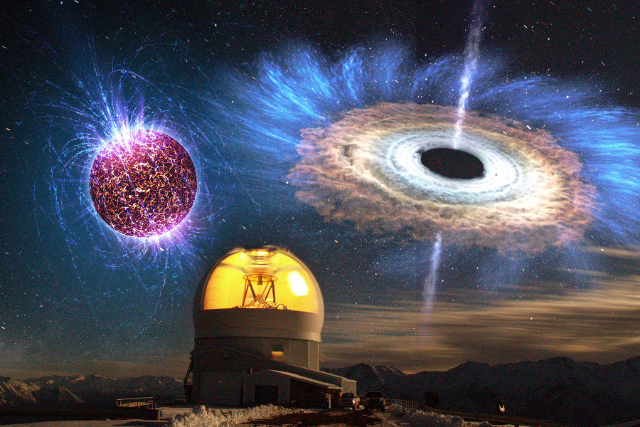 Das Bild zeigt eine Aufnahme des SOAR-Teleskops mit überlagerten künstlerischen Darstellungen eines Magnetars, eines stark magnetisierten Neutronensterns, oben links und eines Schwarzen Lochs, das von einer Akkretionsscheibe umgeben ist, oben rechts.