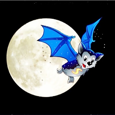 Link zur Beschreibung des Kinderprogramms „Ein Sternbild für Flappi“ für Kinder ab 5 Jahre – Das Bild zeigt die Fledermaus Skybat, die durch den Nachthimmel fliegt. Im Hintergrund steht der Vollmond (künstlerische Darstellung).