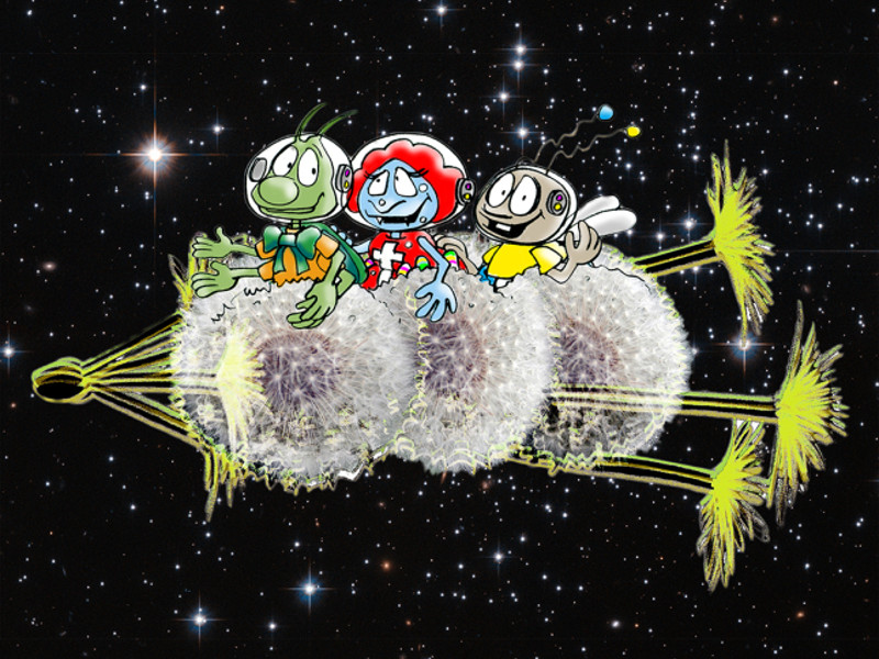 Link zur Beschreibung des Kinderprogramms „Fritz Fliege fliegt ins Weltall“ für Kinder ab 4 Jahre – Die Zeichnung zeigt eine Fliege, eine Spinne und einen Grashüpfer, die auf einer Rakete aus mehreren zusammengesteckten Pusteblumen durchs Weltall fliegen.