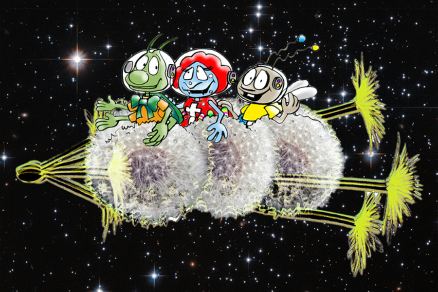 Die Zeichnung zeigt eine Fliege, eine Spinne und einen Grashüpfer. Sie haben Astronautenhelme auf ihren Köpfen und sitzen auf einer Rakete aus mehreren zusammengesteckten Pusteblumen, mit der sie durchs Weltall fliegen.