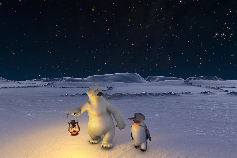 Das Bild zeigt den Eisbären Vladimir mit einer Laterne in der Hand und den Pinguin James, die gemeinsam durch eine nächtliche arktische Eislandschaft gehen. Über ihnen funkeln die Sterne (künstlerische Darstellung).