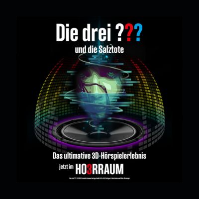 Link zur Beschreibung des Hörspiels „Die drei ??? und die Salztote“ – Die Grafik zeigt das Logo von „Die drei ???“ und den Titel der Folge „und die Salztote“. Darunter befindet sich eine Zeichnung von einem Frauengesicht.