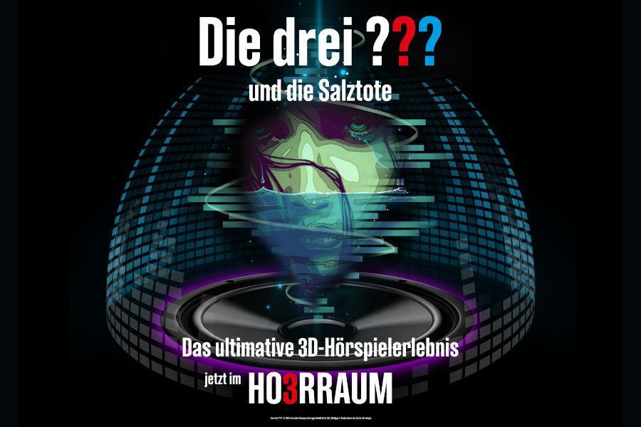 Die Grafik zeigt das Logo von „Die drei ???“ und den Titel der Folge „und die Salztote“. Darunter befindet sich eine Zeichnung von einem Frauengesicht.