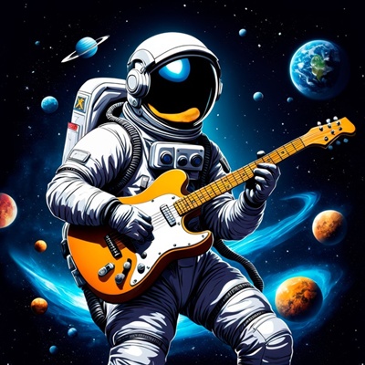 Link zur Beschreibung der Musikshow „Space Tour“ - Das Bild zeigt einen im Comicstil gezeichneten Astronauten mit einer E-Gitarre im Weltall. Im Hintergrund sind mehrere Planeten zu sehen (künstlerische Darstellung).