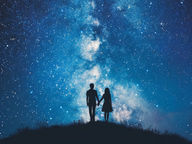 Link zur Beschreibung der Sonderveranstaltung „StarDate“ am 14.02.2026 - Das Bild zeigt einen Mann und eine Frau, die auf einem Hügel stehen und sich an der Hand halten. Sie schauen in den nächtlichen Sternenhimmel (künstlerische Darstellung).