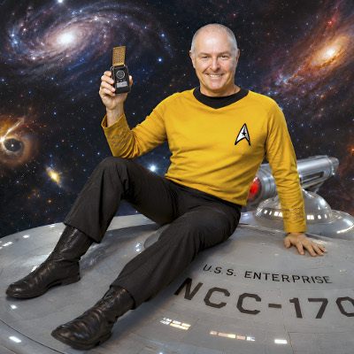 Link zur Beschreibung des Vortrags „60 Jahre Star Trek“ am 04.12.2026 – Die Fotomontage zeigt Hubert Zitt auf einem Modell des Raumschiffs „Enterprise“ sitzend. In der rechten Hand hält er ein Modell des „Kommunikators“, den die Personen aus der Kult-Serie „Star Trek“ und den zugehörigen Spielfilmen verwenden.