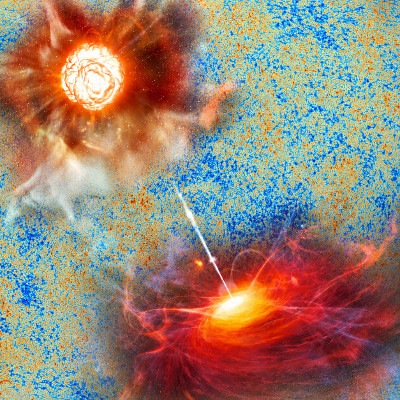 Link zur Beschreibung des Vortrags „Quanten und Kosmos – Wie das Kleinste das Größte erklärt“ am 24.11.2026 – Das Bild zeigt eine Aufnahme des Satelliten Planck vom kosmischen Mikrowellenhintergrund und davor künstlerische Darstellungen von heißem Gas, das um ein Schwarzes Loch herumwirbelt, unten links sowie vom roten Riesenstern Beteigeuze oben rechts.