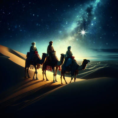 Link zur Beschreibung des Vortrags „Der Stern von Bethlehem aus astronomischer Sicht“ am 17.12.2026 - Die künstlerische Darstellung zeigt die Heiligen Drei Könige. Sie reiten auf Kamelen durch eine nächtliche Wüstenlandschaft. Am Himmel sind viele kleine Sterne, die Milchstraße und als großer achtzackiger Stern der Stern von Bethlehem dargestellt.