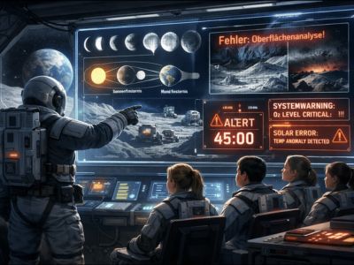 Link zur Beschreibung des Schülerworklshops: Abenteuer Mond – Rettet die Raumstation! Eine KI-generierte Grafik zum Escape-Game zeigt: Auf einer Forschungsstation auf dem Mond werden mehrere Fehlfunktionen. 