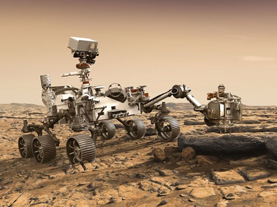 Link zur Beschreibung des Schüler-Workshops "Der Mars-Rover-Workshop". Das Bild zeigt eine küstlerische Darstellung des Mars Rover auf der Mars-Oberfläche.