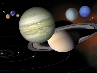 Link zur Beschreibung des Schüler-Workshops "Sonnensystem zum Anfassen". Das Bild zeigt eine künstlerische Darstellung unseres Sonnensystems. Im Vordergrund sind Jupiter und Saturn zu sehen.