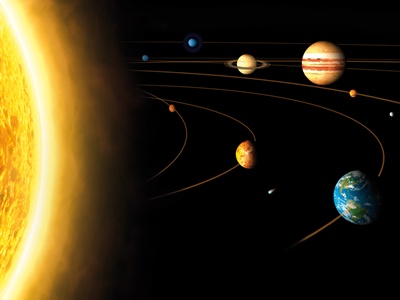 Link zur Beschreibung der Live-Veranstaltung für Schulklasse "Der Himmel über uns". Das Bild zeigt eine künstlerische Darstellung unseres Sonnensystems.