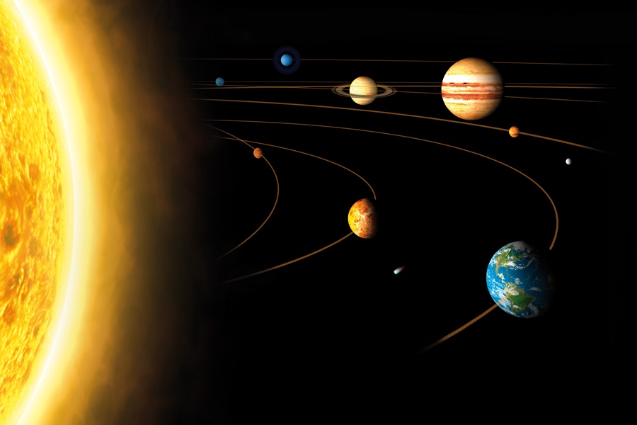 Das Bild zeigt eine künstlerische Darstellung unseres Sonnensystems.