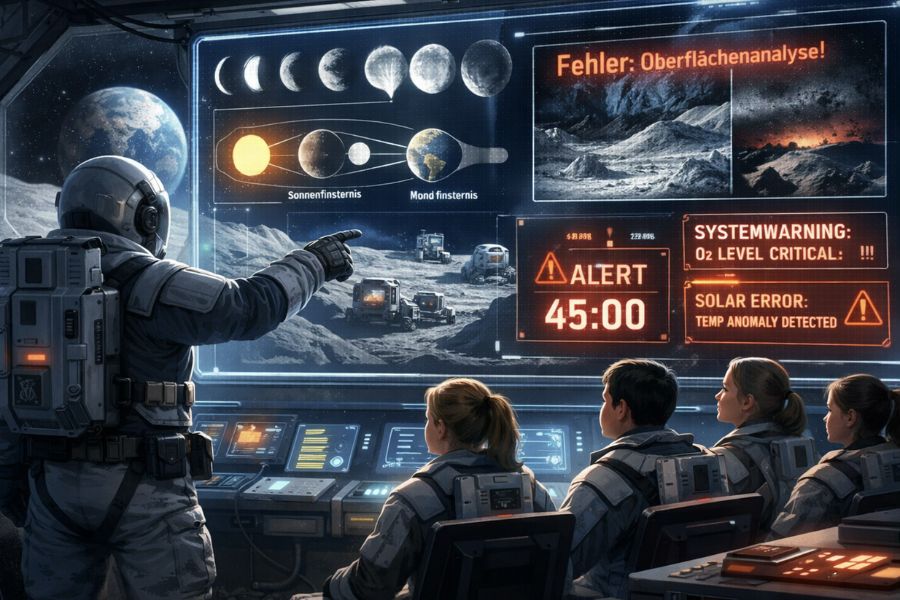 Eine KI-generierte Grafik zum Escape-Game zeigt: Auf einer Forschungsstation auf dem Mond werden mehrere Fehlfunktionen im Zusammenhang mit den Mondphasen, Finsternissen und der Krateroberfläche gemeldet. In 45 Minuten geht der Crew der Sauerstoff aus.