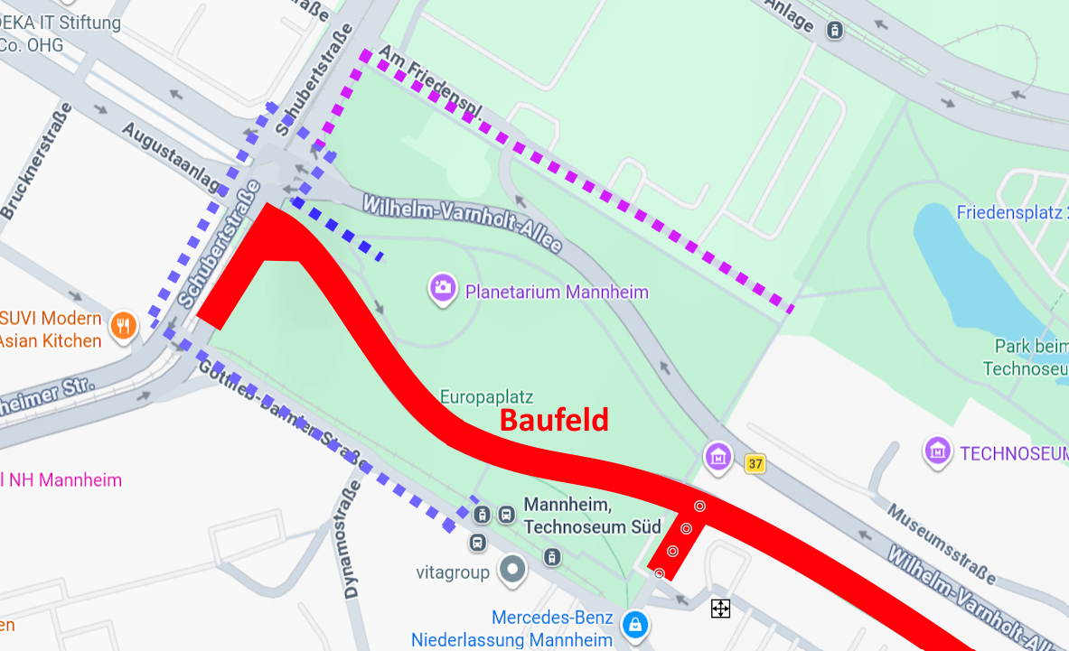 Das Bild zeigt einen Stadtplan der Umgebung des Planetarium Mannheim. Eingezeichnet sind der aktuell gesperrte Bereich der Wilhelm-Varnholt-Allee sowie der Zugang zum Planetarium Mannheim über die ausgeschilderte Geh- und Radwegumleitung im Bereich der Schubertstraße.