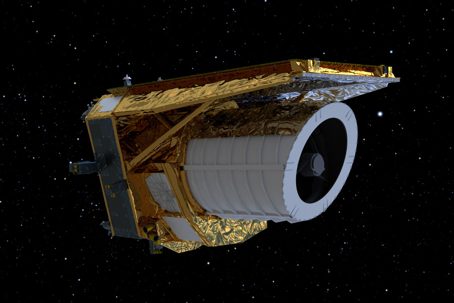 Das Bild zeigt eine künstlerische Darstellung des Satelliten Euclid im Weltraum.