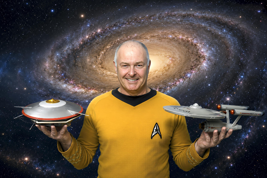 Die Fotomontage zeigt Hubert Zitt vor einer Spiralgalaxie. In der linken Hand hält er ein Modell des Raumschiffs „Orion“, in der rechten Hand ein Modell des Raumschiffs „Enterprise“.