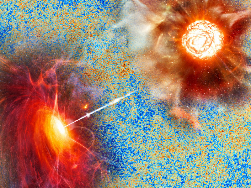 Link zum Vortrag „Quanten und Kosmos“ am 24.11.2026 – Das Bild zeigt eine Aufnahme des kosmischen Mikrowellenhintergrunds und davor künstlerische Darstellungen von heißem Gas, das um ein Schwarzes Loch herumwirbelt, und vom roten Riesenstern Beteigeuze