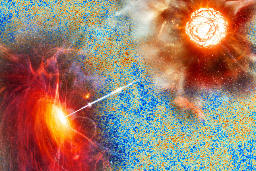 Das Bild zeigt eine Aufnahme des Satelliten Planck vom kosmischen Mikrowellenhintergrund und davor künstlerische Darstellungen von heißem Gas, das um ein Schwarzes Loch herumwirbelt, unten links sowie vom roten Riesenstern Beteigeuze oben rechts. 