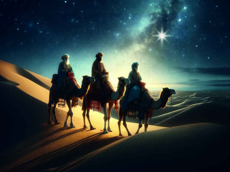 Link zur Beschreibung des Vortrags „Der Stern von Bethlehem aus astronomischer Sicht“ am 18.12.2025 - Die künstlerische Darstellung zeigt die Heiligen Drei Könige auf Kamelen reitend in einer nächtlichen Wüstenlandschaft mit Stern von Bethlehem.