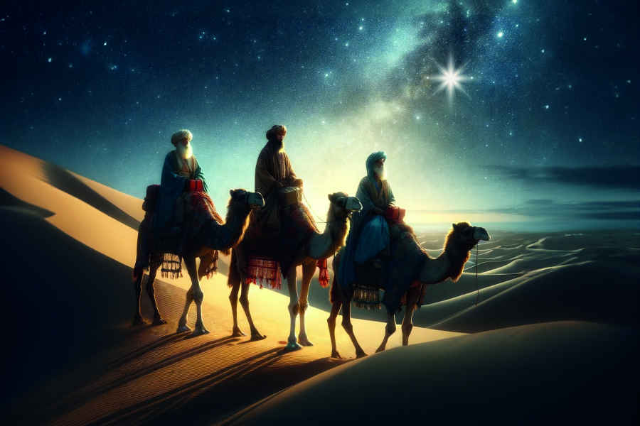 Die künstlerische Darstellung zeigt die Heiligen Drei Könige. Sie reiten auf Kamelen durch eine nächtliche Wüstenlandschaft. Am Himmel sind viele kleine Sterne, die Milchstraße und als großer achtzackiger Stern der Stern von Bethlehem dargestellt.