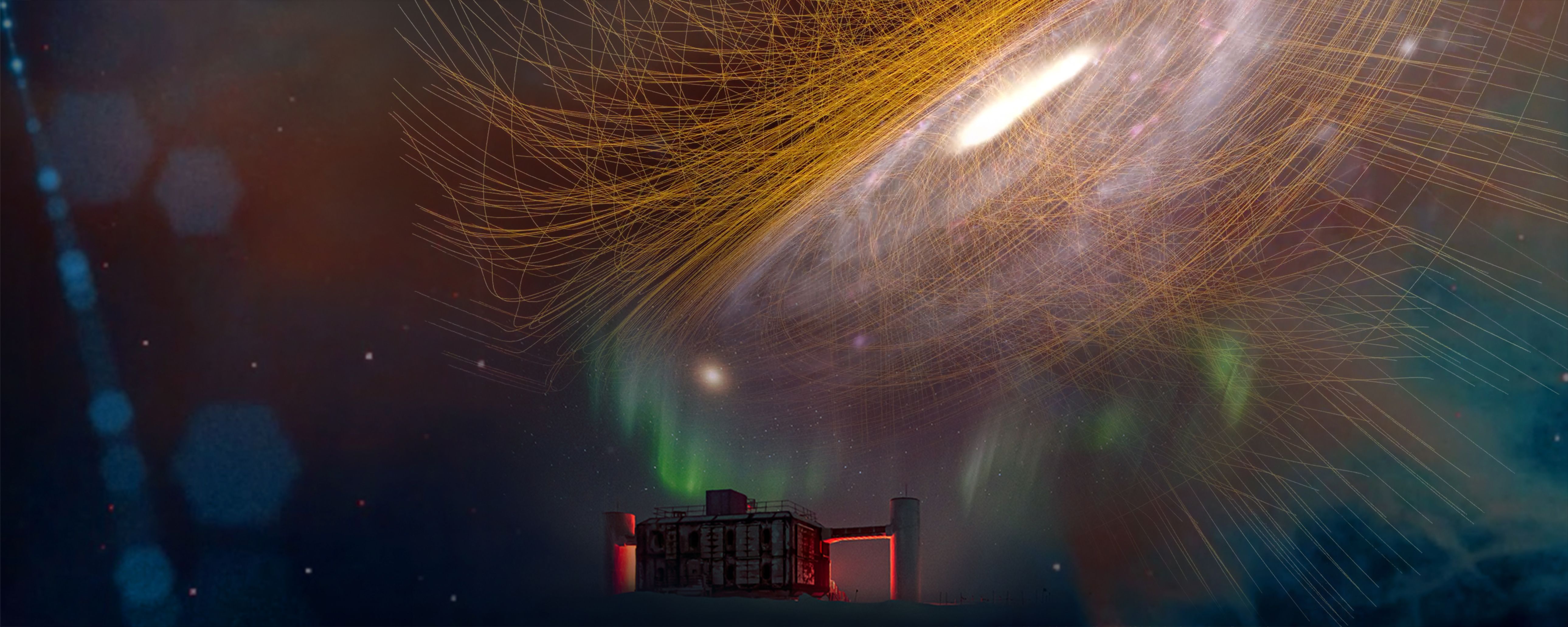 Die künstlerische Darstellung zeigt das Neutrino-Observatorium IceCube in der Antarktis. Oberhalb davon ist in der rechten Bildhälfte eine Galaxie dargestellt. Darüber gezeichnete Linien veranschaulichen den Verlauf von Magnetfeldern in der Galaxie.