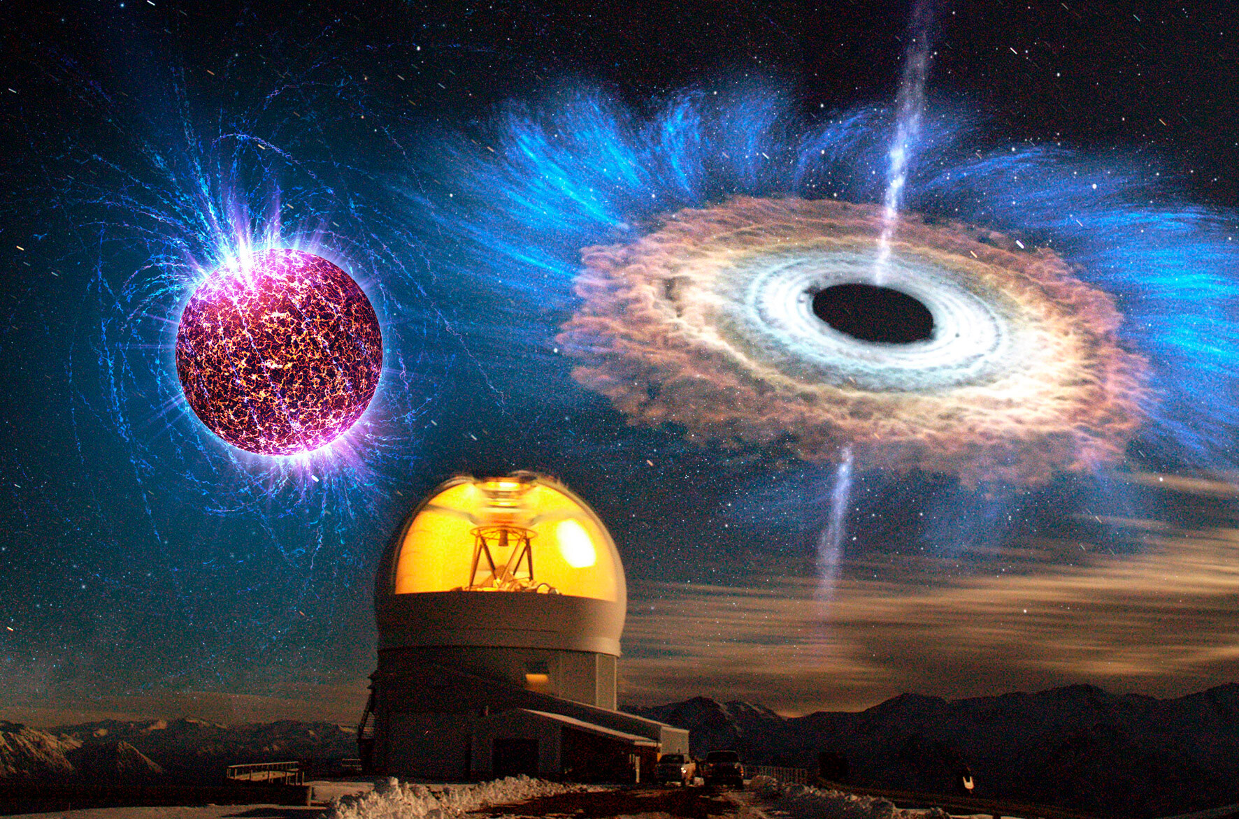 Das Bild zeigt eine Aufnahme des SOAR-Teleskops mit überlagerten künstlerischen Darstellungen eines Magnetars, eines stark magnetisierten Neutronensterns, oben links und eines Schwarzen Lochs, das von einer Akkretionsscheibe umgeben ist, oben rechts.
