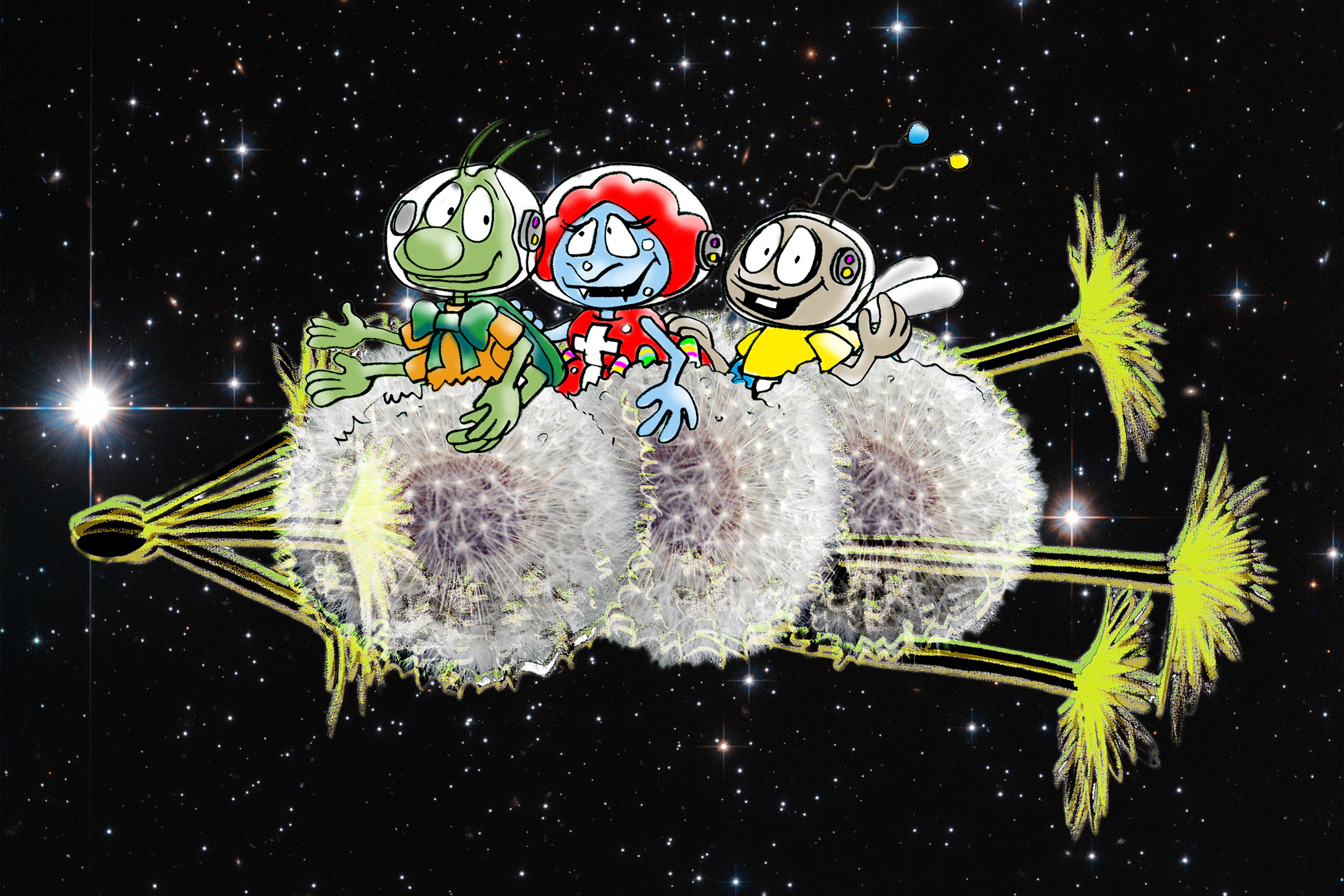 Die Zeichnung zeigt eine Fliege, eine Spinne und einen Grashüpfer. Sie haben Astronautenhelme auf ihren Köpfen und sitzen auf einer Rakete aus mehreren zusammengesteckten Pusteblumen, mit der sie durchs Weltall fliegen.