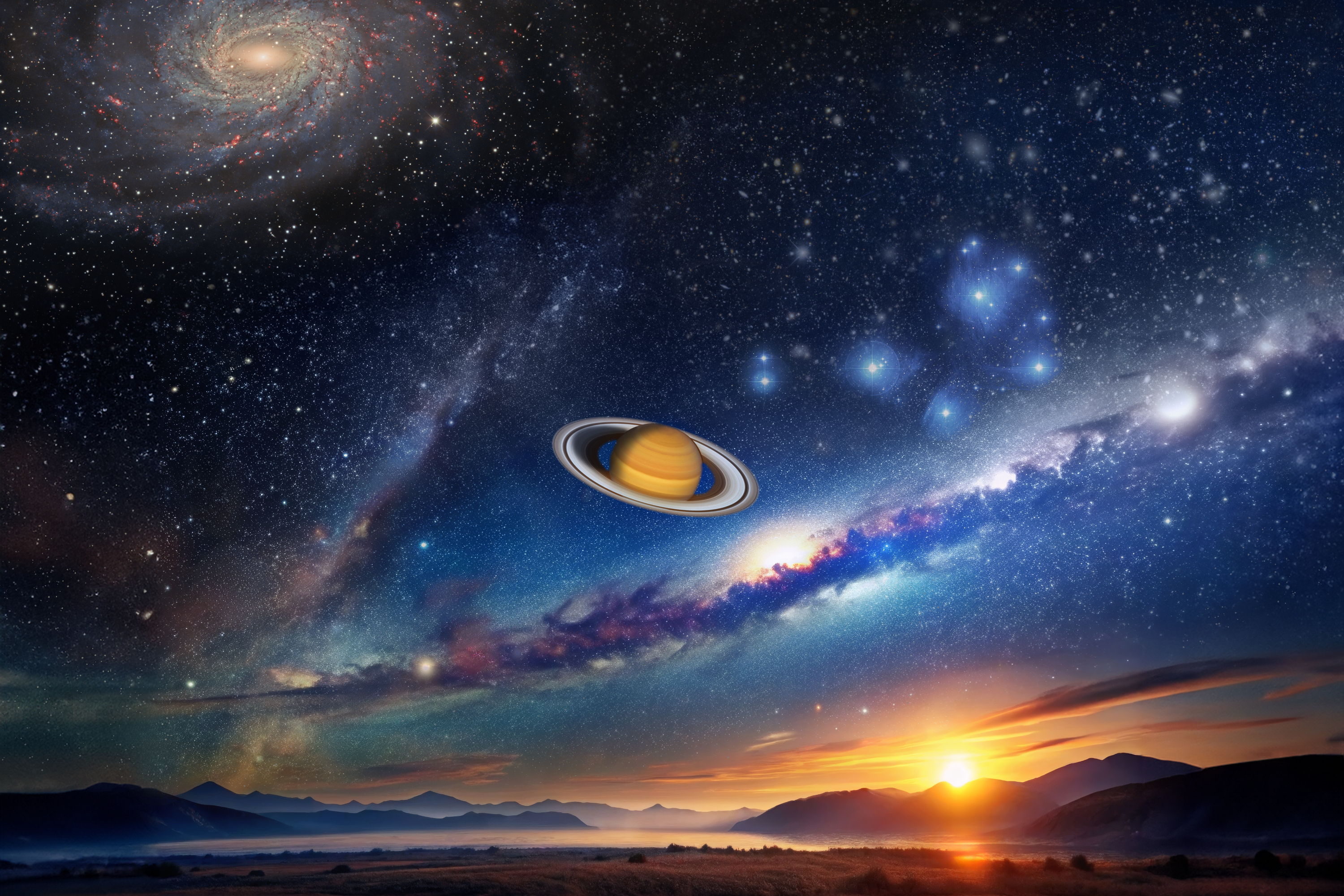 Die künstlerische Darstellung zeigt eine Landschaft auf der Erde mit Sonnenuntergang. Am Himmel sind die Milchstraße, der Saturn, die Plejaden und eine ferne Galaxie zu sehen. Die künstlerische Darstellung zeigt eine Landschaft auf der Erde mit Sonnenuntergang. Am Himmel sind die Milchstraße, der Saturn, die Plejaden und eine ferne Galaxie zu sehen.