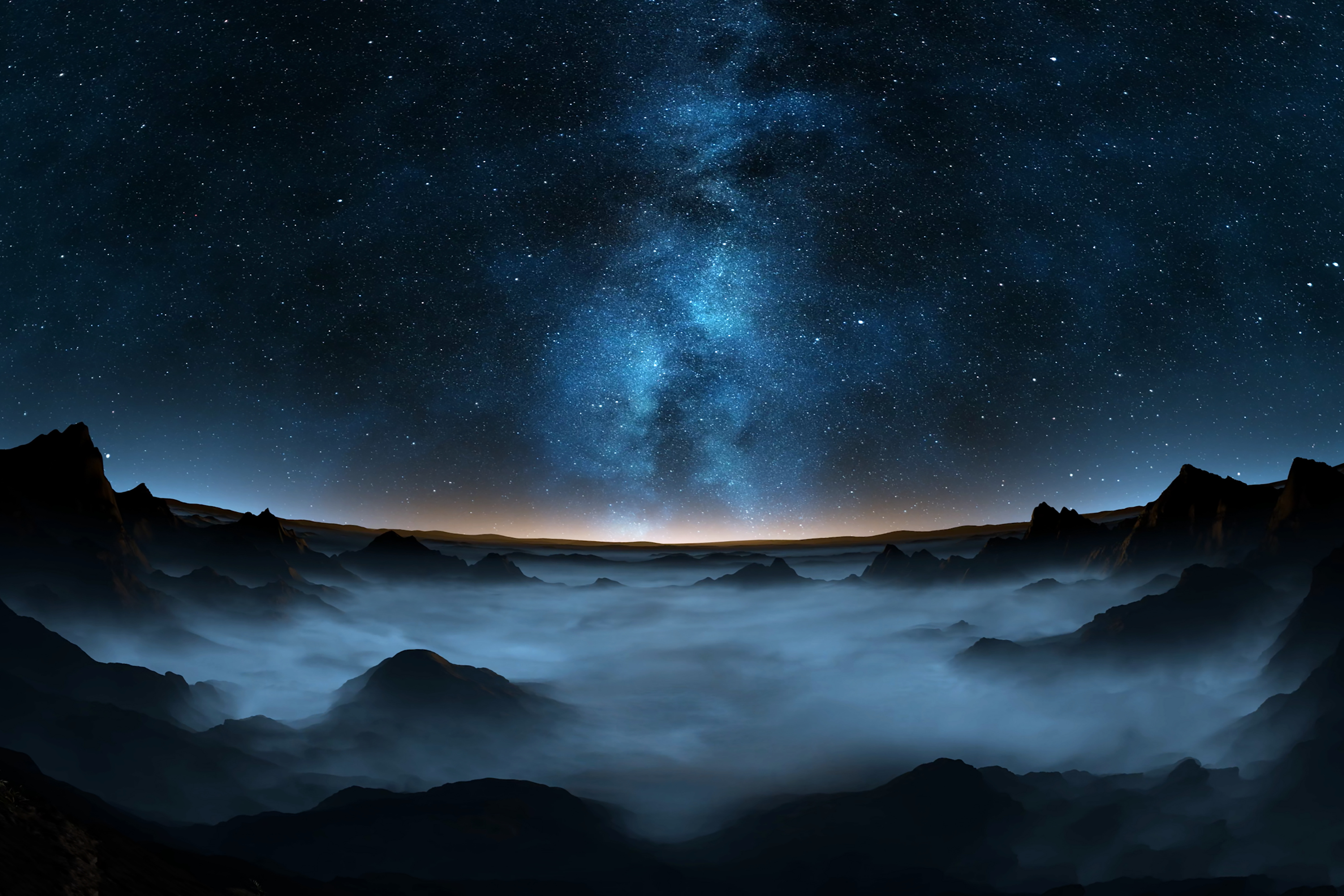 Szene aus „Space Tour“: Die Milchstraße leuchtet am nächtlichen Sternhimmel über einer hügeligen Landschaft (künstlerische Darstellung). Szene aus „Space Tour“: Die Milchstraße leuchtet am nächtlichen Sternhimmel über einer hügeligen Landschaft (künstlerische Darstellung).