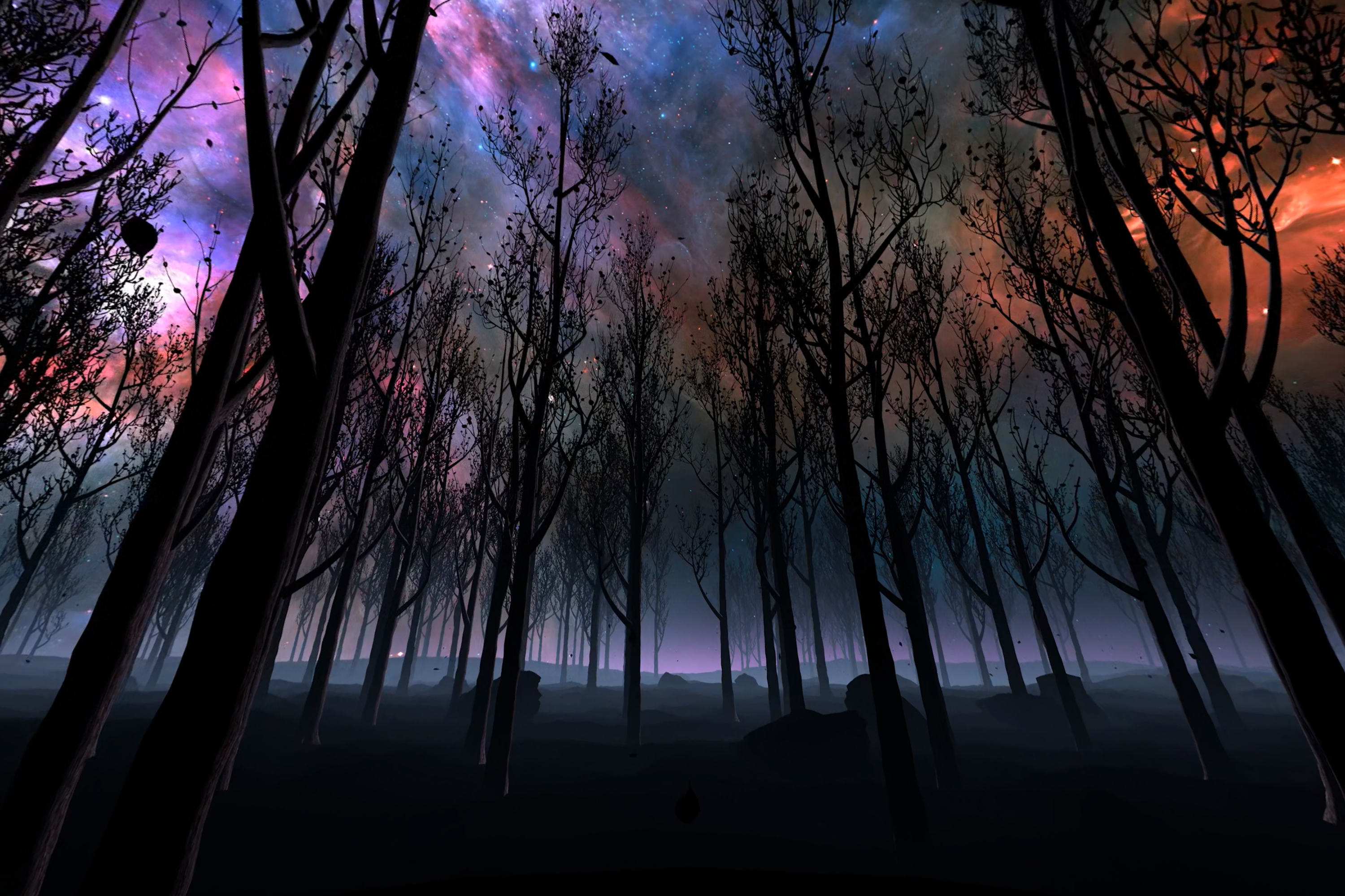 Szene aus „Space Tour“: Blick durch einen Wald in den Nachthimmel mit farbig leuchtenden Wolken (künstlerische Darstellung) Szene aus „Space Tour“: Blick durch einen Wald in den Nachthimmel mit farbig leuchtenden Wolken (künstlerische Darstellung)