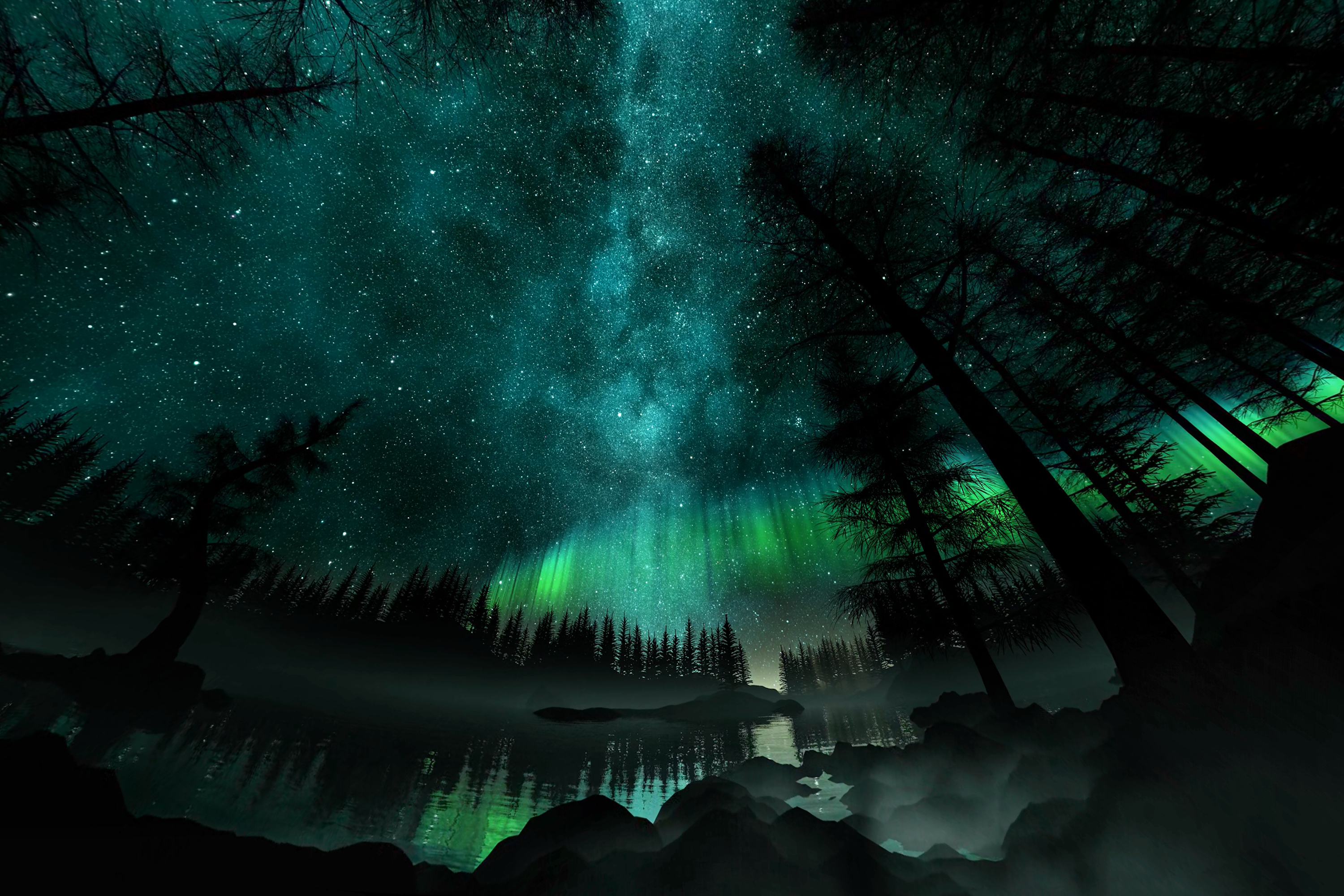 Szene aus „Space Tour“: Über einem See in einem Wald erstrahlen Polarlichter am nächtlichen Sternhimmel (künstlerische Darstellung). Szene aus „Space Tour“: Über einem See in einem Wald erstrahlen Polarlichter am nächtlichen Sternhimmel (künstlerische Darstellung).