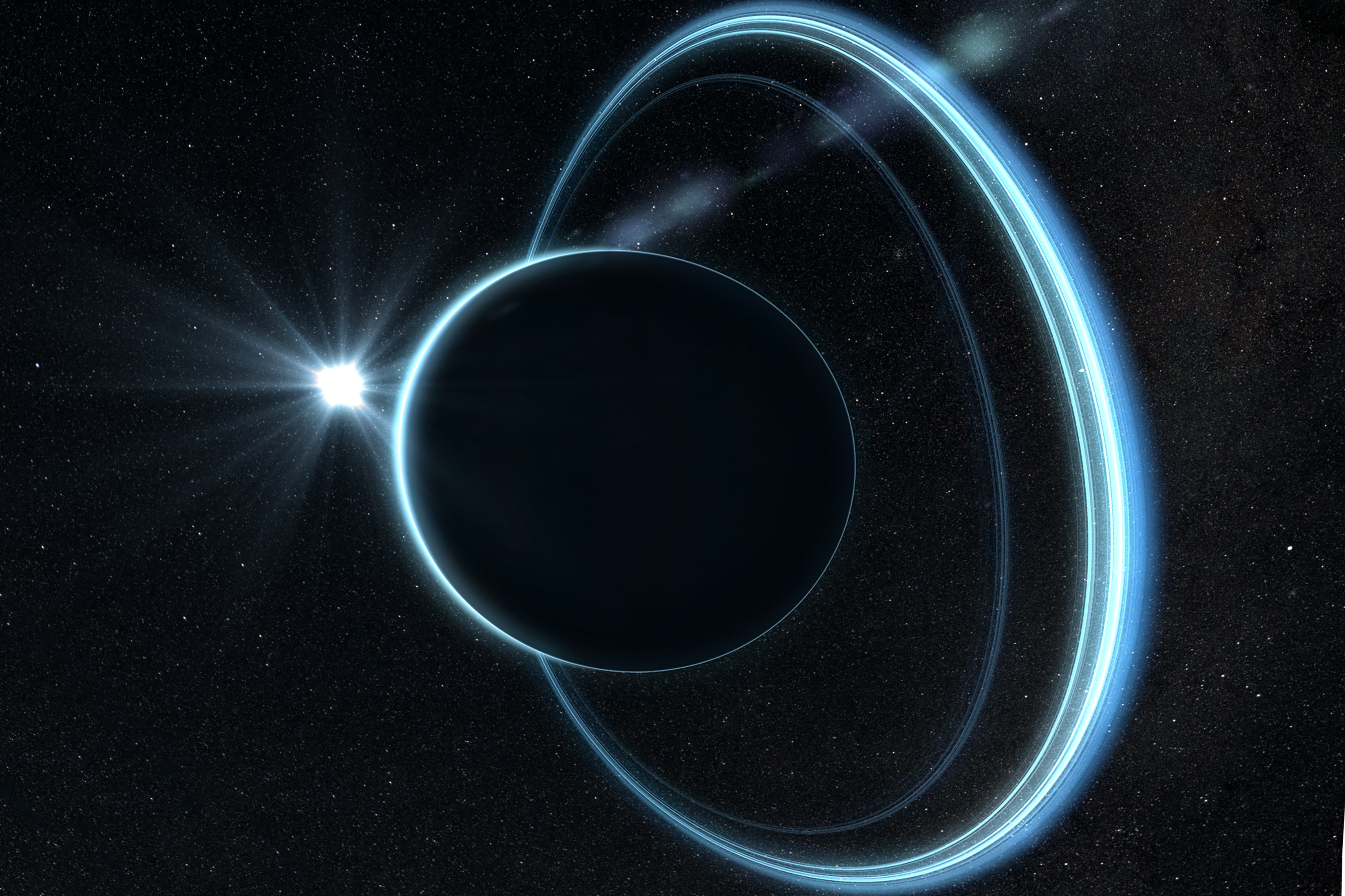 Szene aus „Space Tour“: Blick auf die Nachtseite eines Planeten, der von Ringen umgeben ist. Im Hintergrund leuchtet der Stern, zu dem er gehört (künstlerische Darstellung). Szene aus „Space Tour“: Blick auf die Nachtseite eines Planeten, der von Ringen umgeben ist. Im Hintergrund leuchtet der Stern, zu dem er gehört (künstlerische Darstellung).