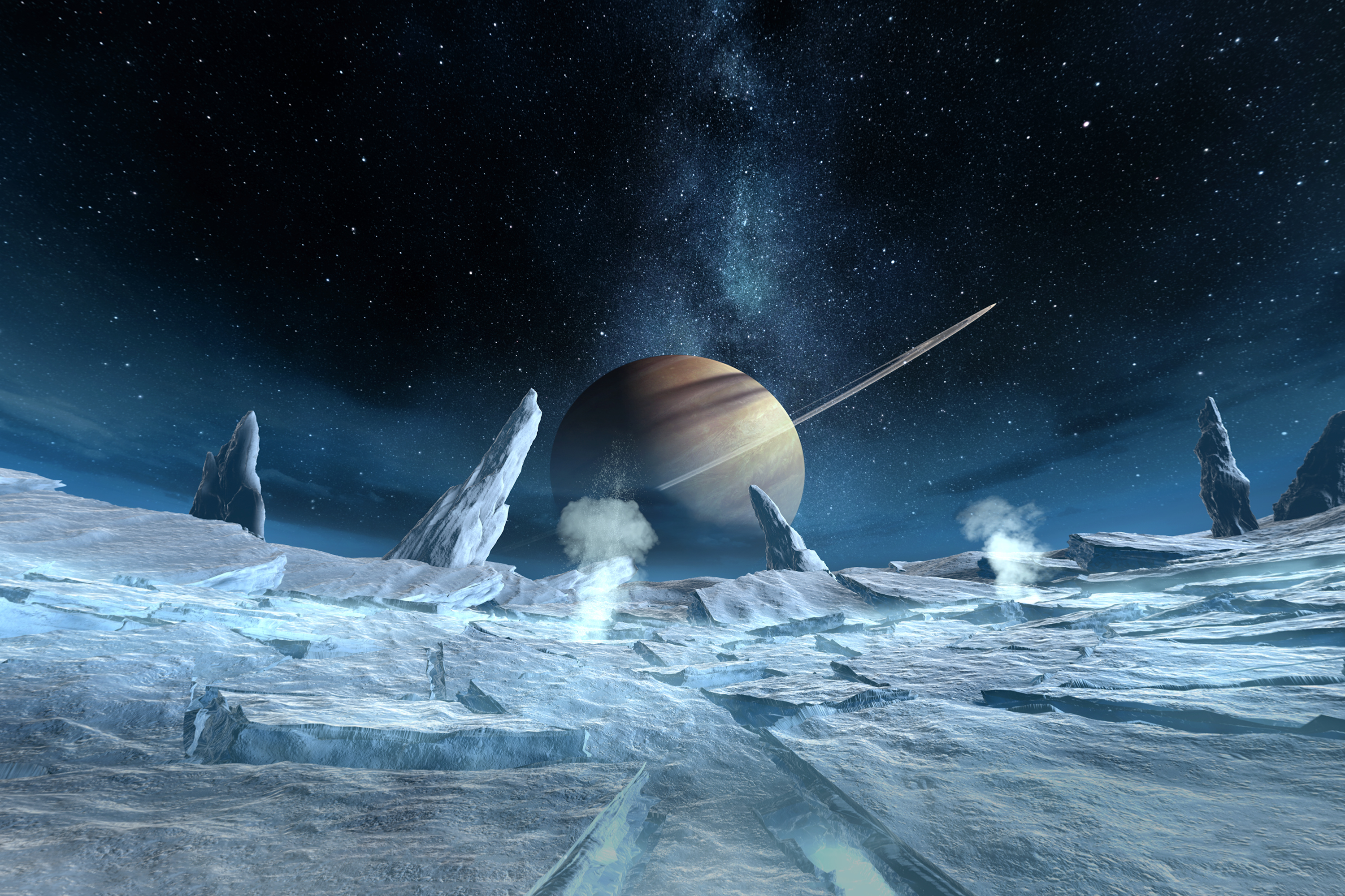 Szene aus „Space Tour“: Blick von der vereisten Oberfläche eines Mondes auf einen Ringplaneten vor dem Hintergrund des Sternhimmels (künstlerische Darstellung) Szene aus „Space Tour“: Blick von der vereisten Oberfläche eines Mondes auf einen Ringplaneten vor dem Hintergrund des Sternhimmels (künstlerische Darstellung)