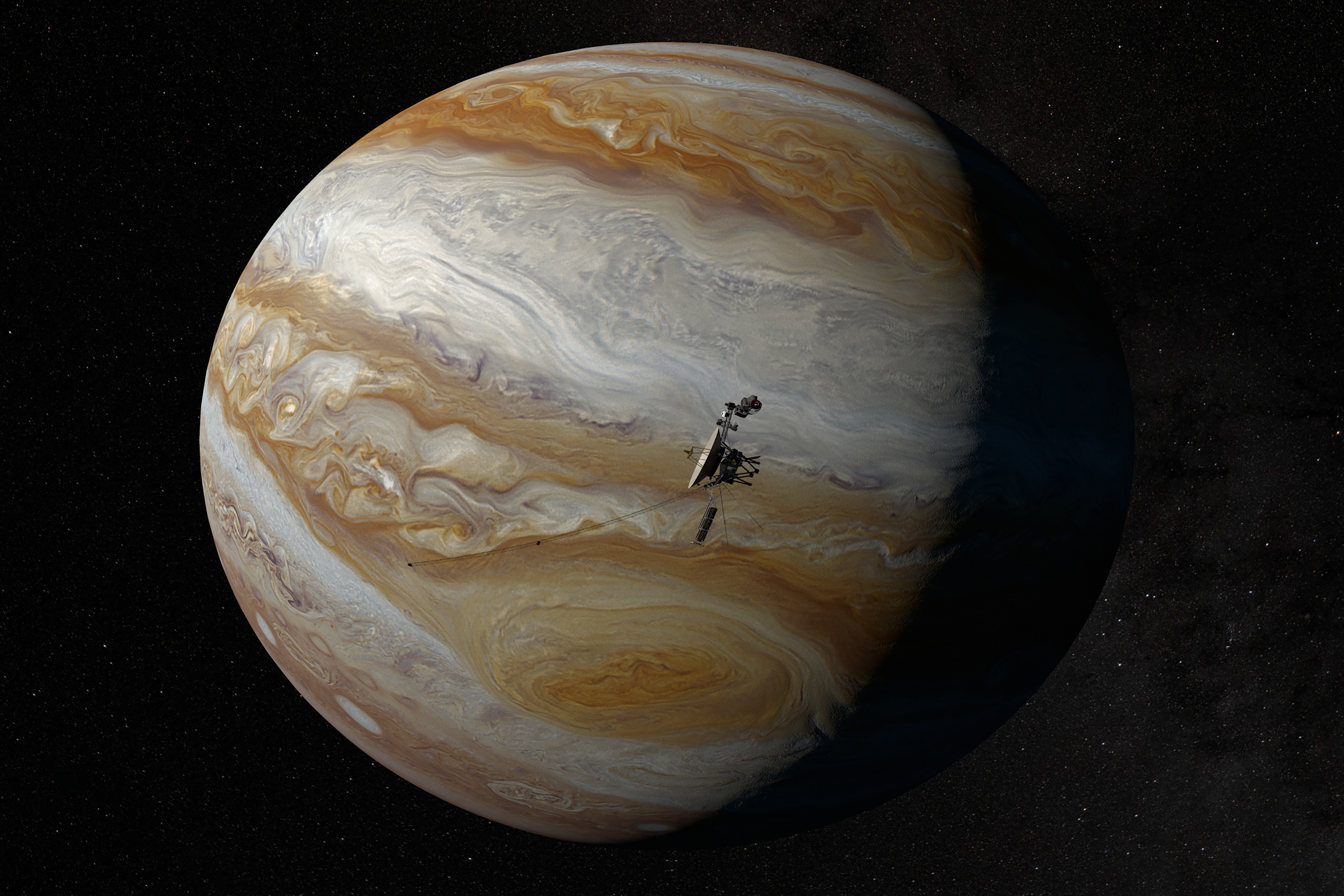 Szene aus „Space Tour“: Eine Raumsonde erkundet den Gasplaneten Jupiter (künstlerische Darstellung). Szene aus „Space Tour“: Eine Raumsonde erkundet den Gasplaneten Jupiter (künstlerische Darstellung).