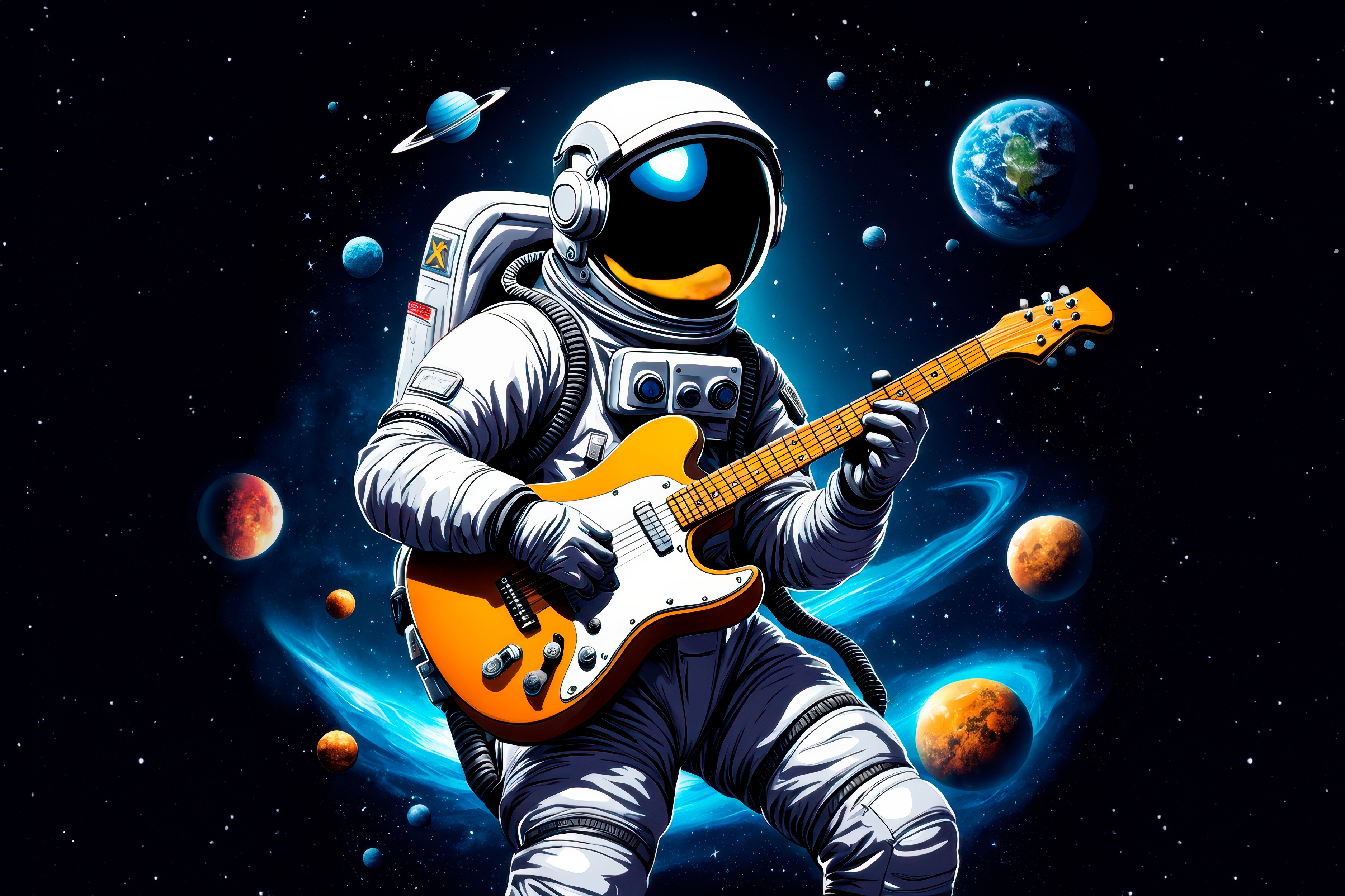 Das Bild zeigt einen im Comicstil gezeichneten Astronauten mit einer E-Gitarre im Weltall. Im Hintergrund sind mehrere Planeten zu sehen (künstlerische Darstellung). Das Bild zeigt einen im Comicstil gezeichneten Astronauten mit einer E-Gitarre im Weltall. Im Hintergrund sind mehrere Planeten zu sehen (künstlerische Darstellung).