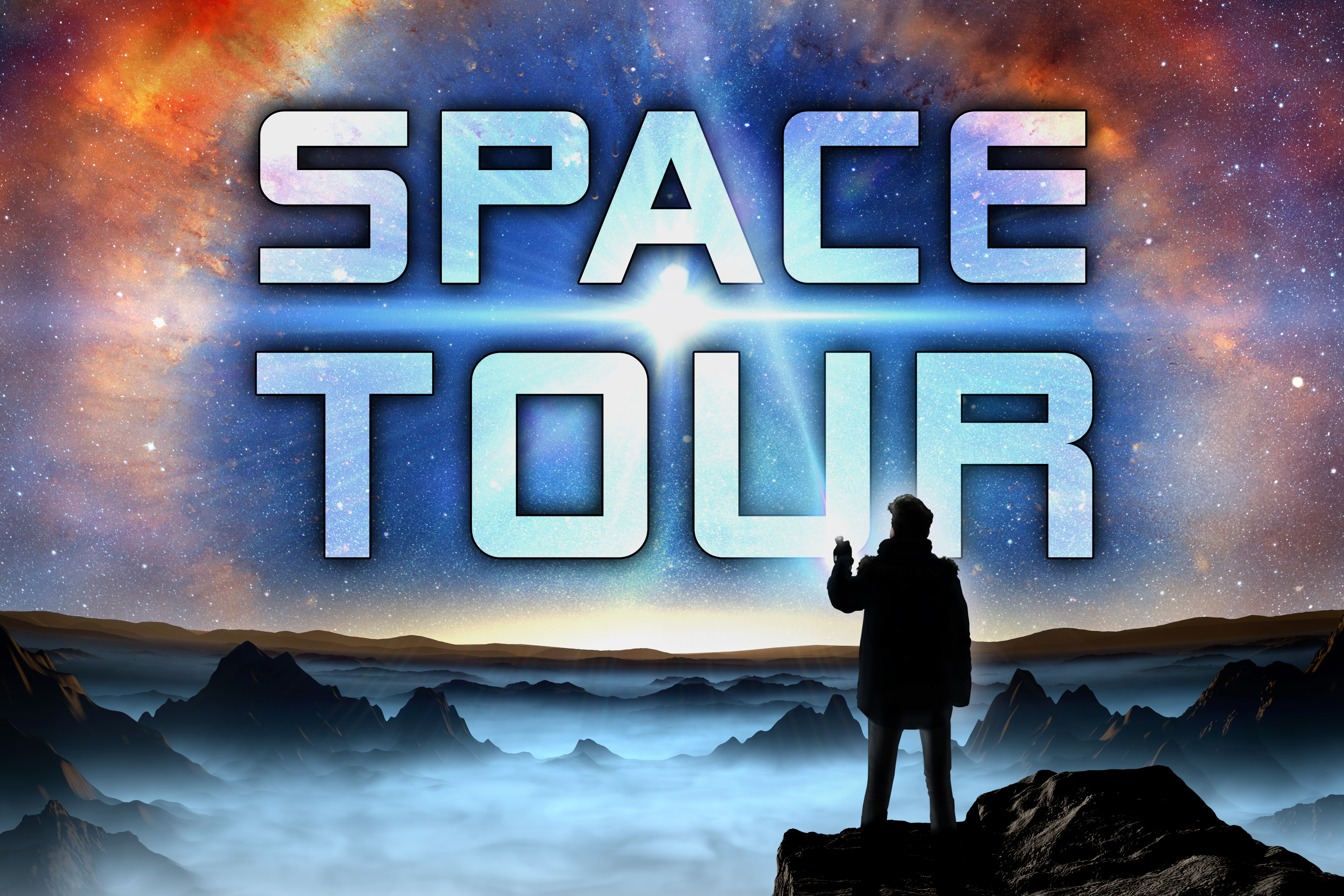 Szene aus „Space Tour“: Eine Person leuchtet mit einer Taschenlampe in einen fiktiven Nachthimmel. Dieser wird vom Zentralbereich eines planetarischen Nebels ausgefüllt. Über den Himmel zieht sich der Schriftzug „Space Tour“ (künstlerische Darstellung). Szene aus „Space Tour“: Eine Person leuchtet mit einer Taschenlampe in einen fiktiven Nachthimmel. Dieser wird vom Zentralbereich eines planetarischen Nebels ausgefüllt. Über den Himmel zieht sich der Schriftzug „Space Tour“ (künstlerische Darstellung).