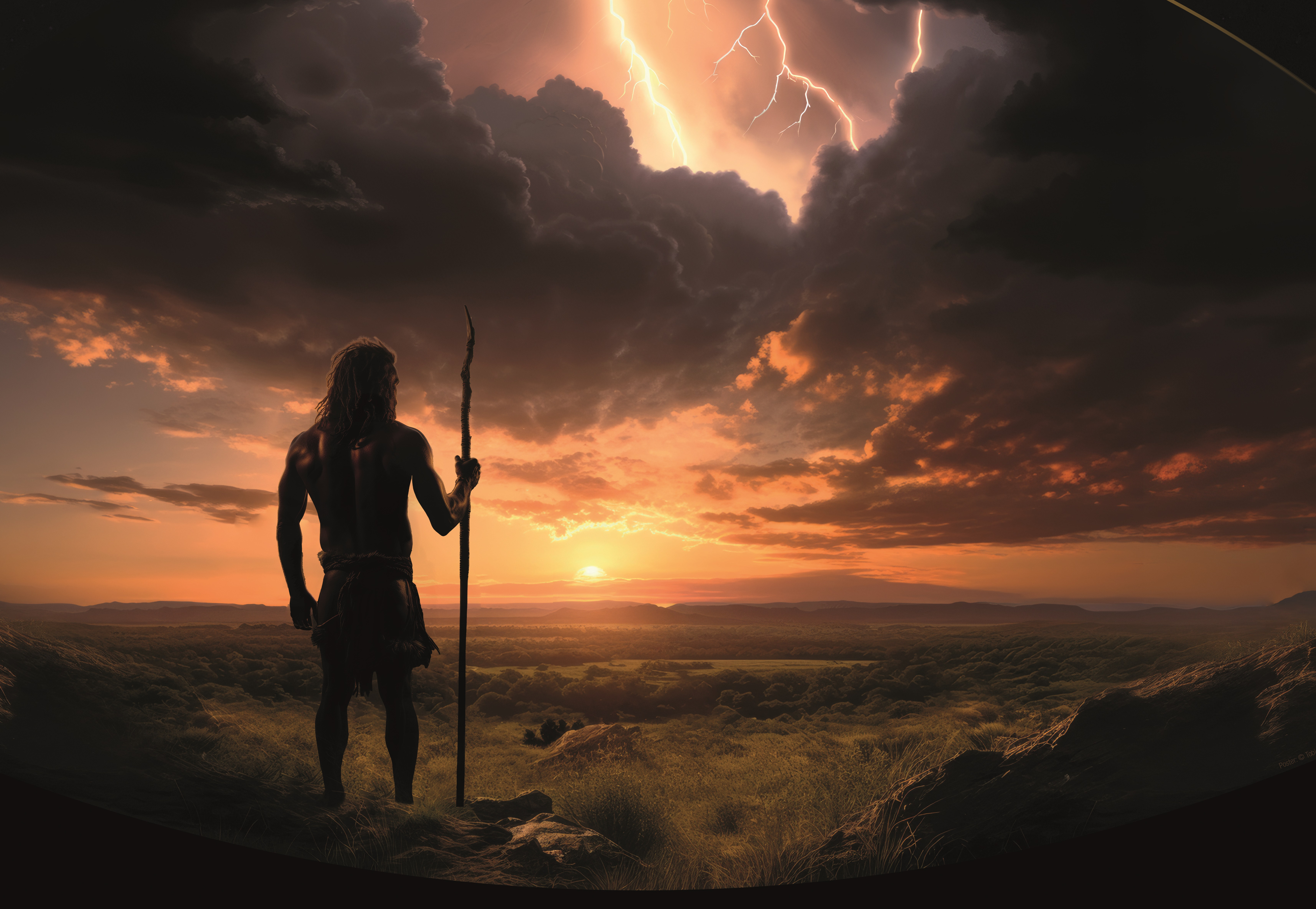 Ein Mensch aus der Steinzeit steht in einer Steppenlandschaft auf einer Anhöhe und betrachtet den Sonnenuntergang. In seiner rechten Hand hält er einen Speer. Am Himmel befinden sich dunkle Wolken und Blitze (künstlerische Darstellung). Ein Mensch aus der Steinzeit steht in einer Steppenlandschaft auf einer Anhöhe und betrachtet den Sonnenuntergang. In seiner rechten Hand hält er einen Speer. Am Himmel befinden sich dunkle Wolken und Blitze (künstlerische Darstellung).