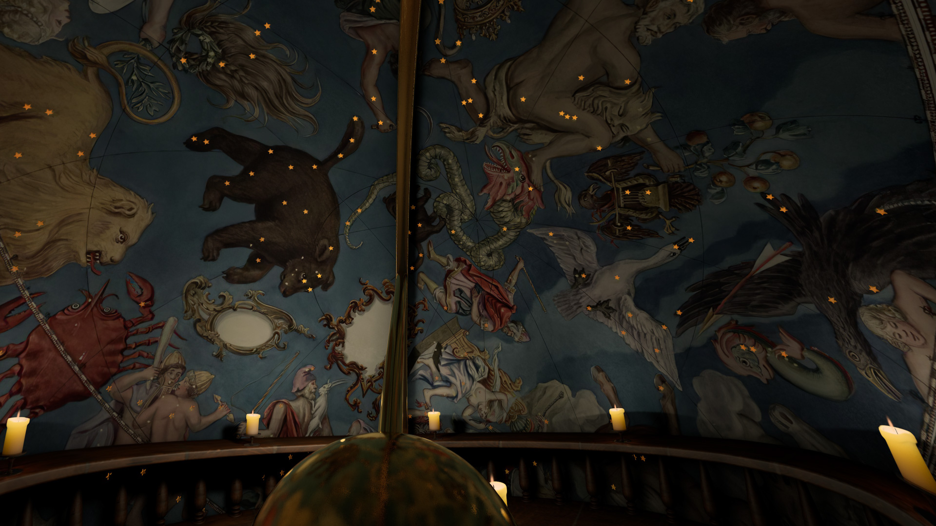 Blick ins Innere des Gottorfer Globusses aus dem 17. Jahrhundert (Nachbau), der als das erste Planetarium der Geschichte gilt. Die Innenfläche ist mit Sternbildern und den dazugehörigen Sagengestalten aufwendig ausgemalt (künstlerische Darstellung). Blick ins Innere des Gottorfer Globusses aus dem 17. Jahrhundert (Nachbau), der als das erste Planetarium der Geschichte gilt. Die Innenfläche ist mit Sternbildern und den dazugehörigen Sagengestalten aufwendig ausgemalt (künstlerische Darstellung).